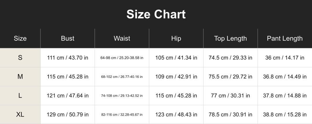 cuct260605 size chart in centimeters and inches