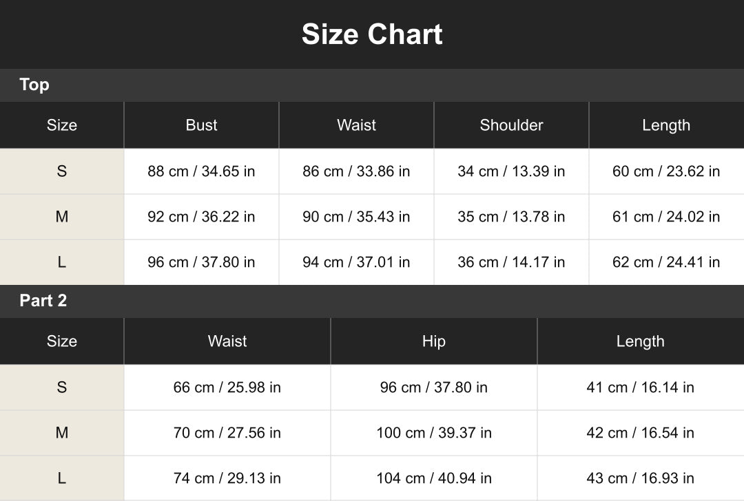 cuct2606107 size chart in centimeters and inches