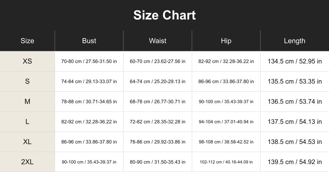 cuct2606109 size chart in centimeters and inches