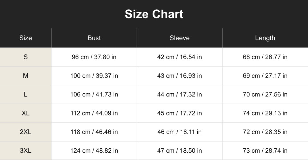 cuct260642 size chart in centimeters and inches
