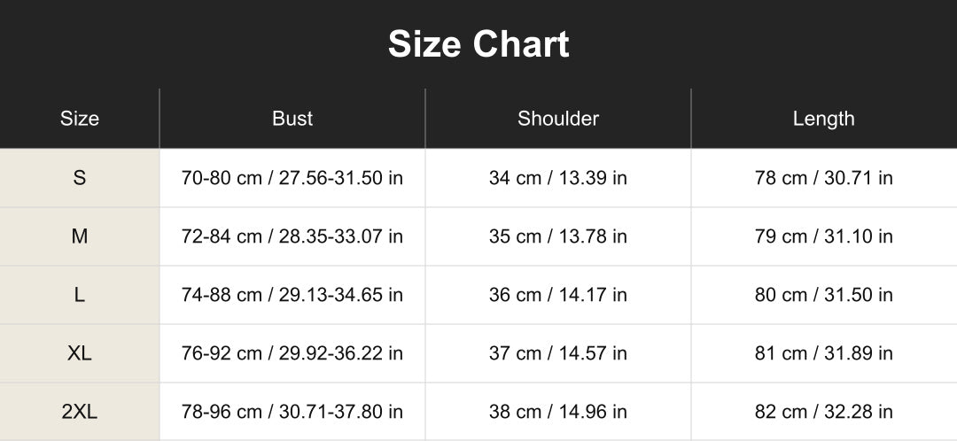 cuct260647 size chart in centimeters and inches