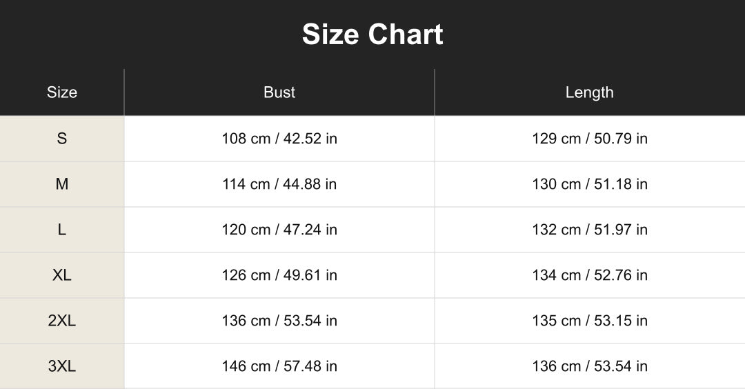 cuct260648 size chart in centimeters and inches