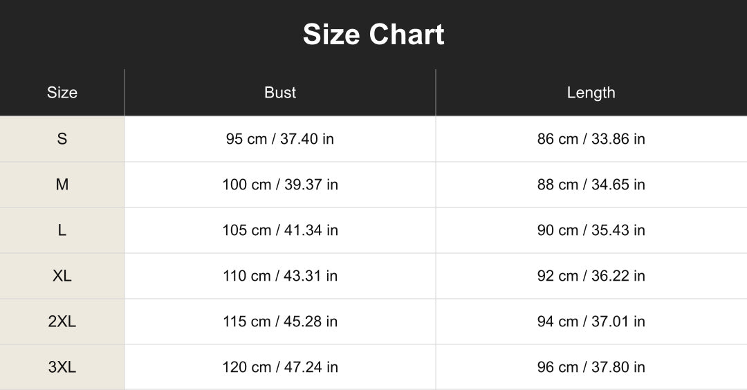 cuct260662 size chart in centimeters and inches