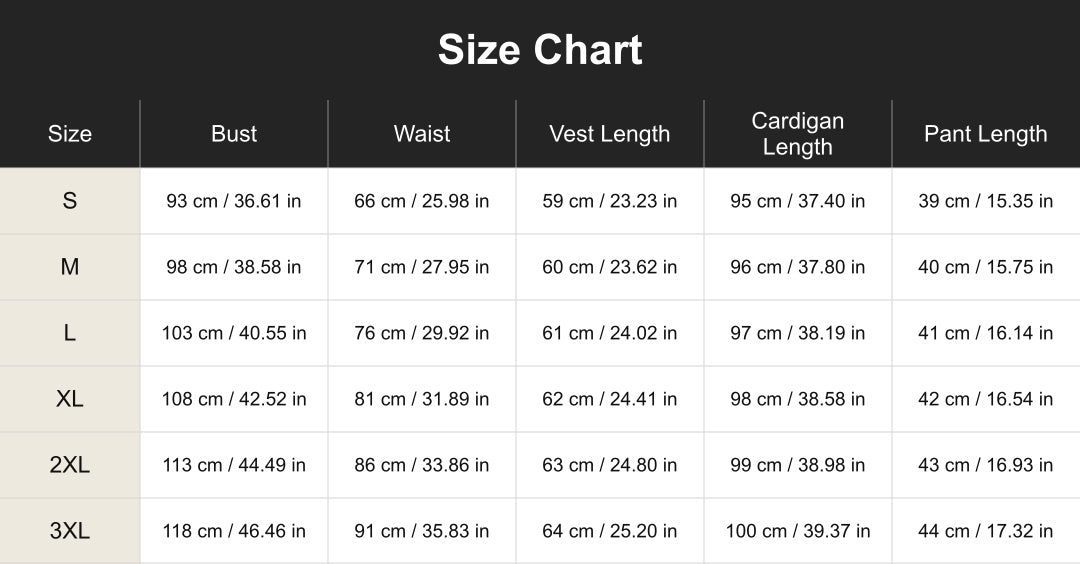 cuct260673 size chart in centimeters and inches