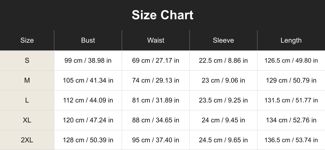 cuct260675 size chart in centimeters and inches