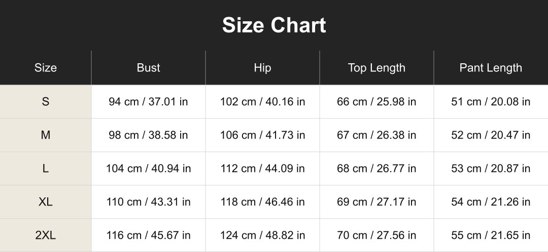 cuct260676 size chart in centimeters and inches