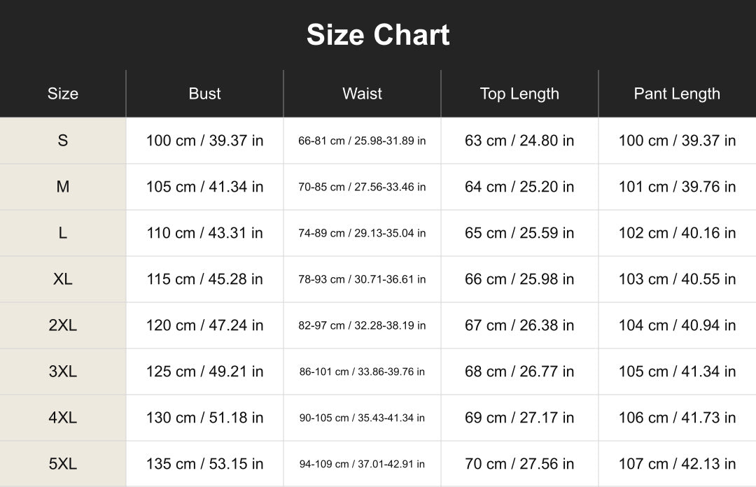 cuct260692 size chart in centimeters and inches