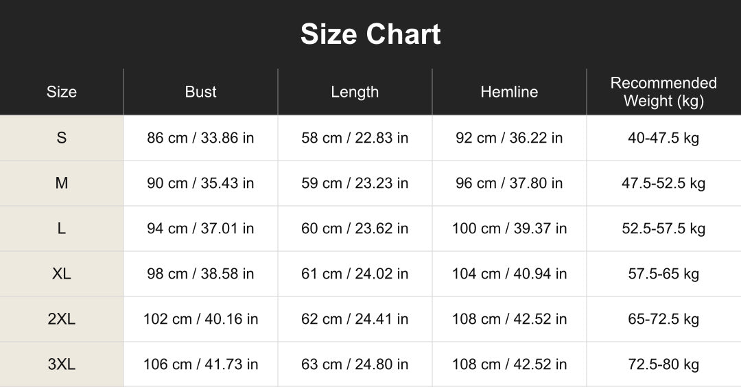 cuct260701 size chart in centimeters and inches