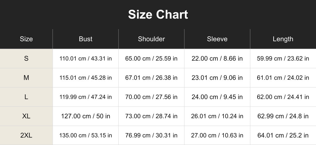 cuct260703 size chart in centimeters and inches