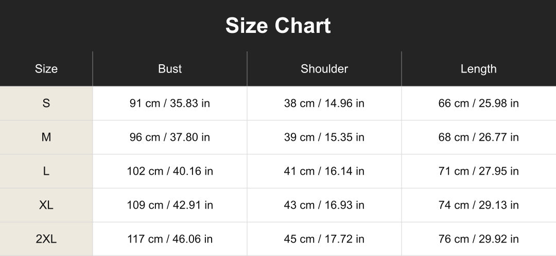 cuct260718 size chart in centimeters and inches