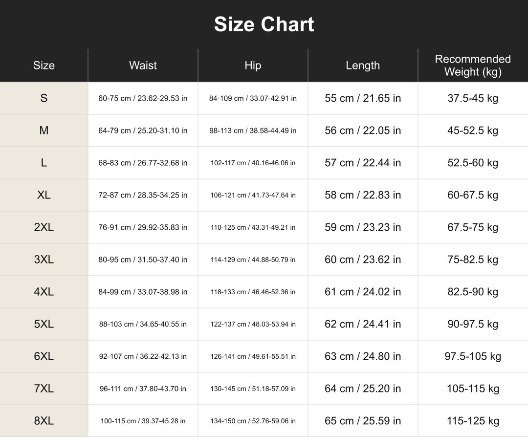 cuct260762 size chart in centimeters and inches