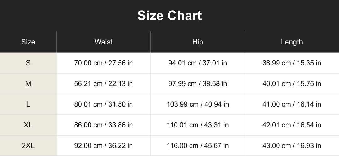 cuct260844 size chart in centimeters and inches