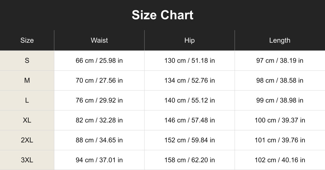 cuct260868 size chart in centimeters and inches