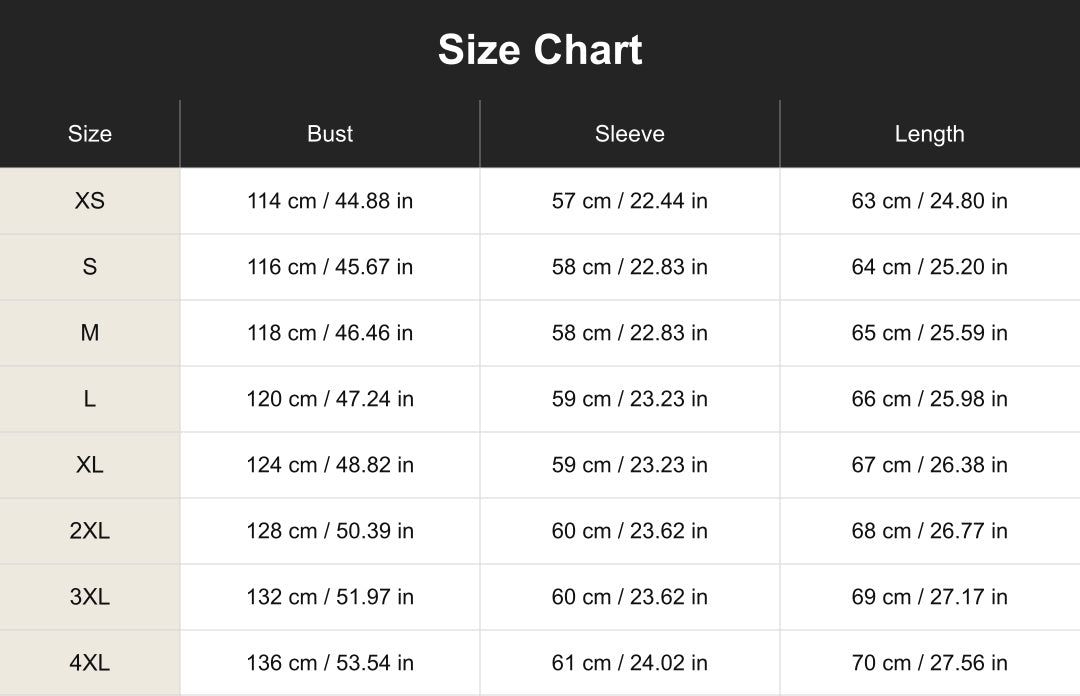 cuct260873 size chart in centimeters and inches