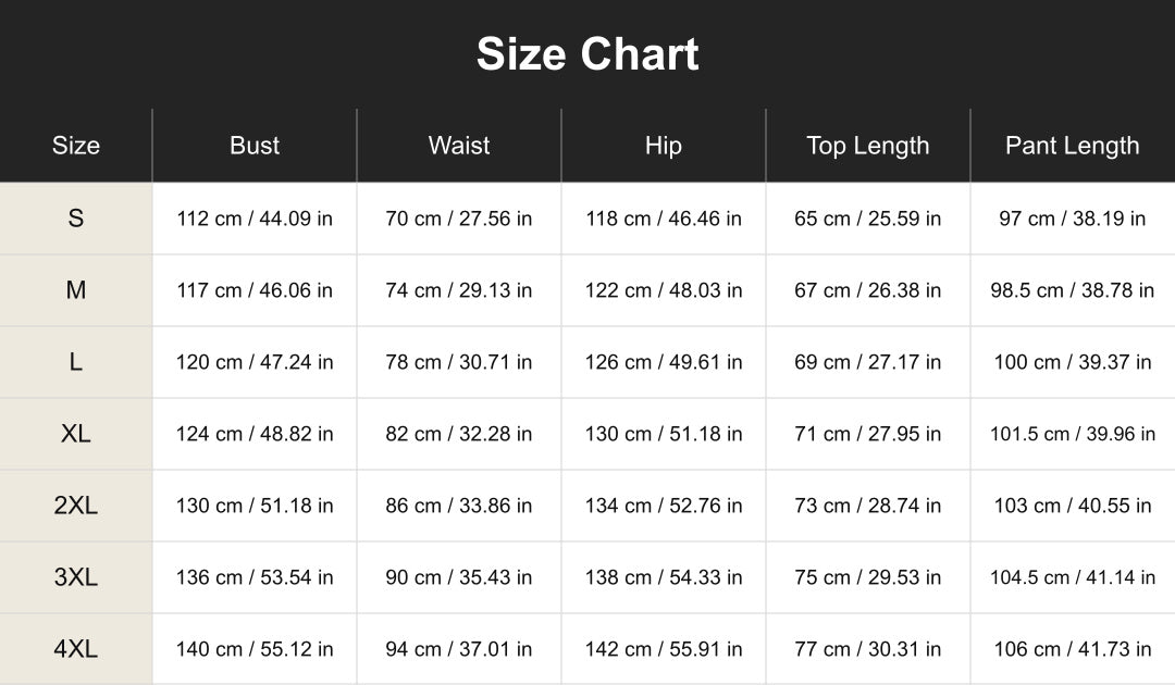 cuct260877 size chart in centimeters and inches