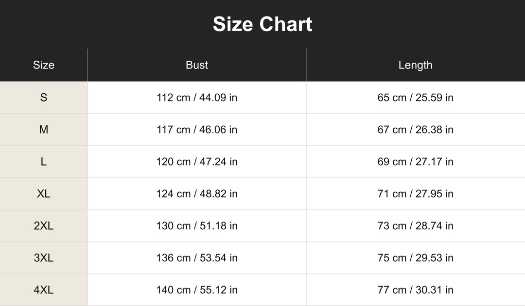 cuct260878 size chart in centimeters and inches