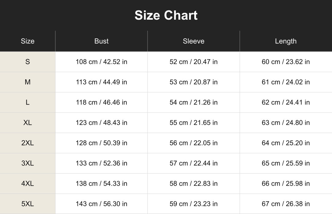cuct260880 size chart in centimeters and inches
