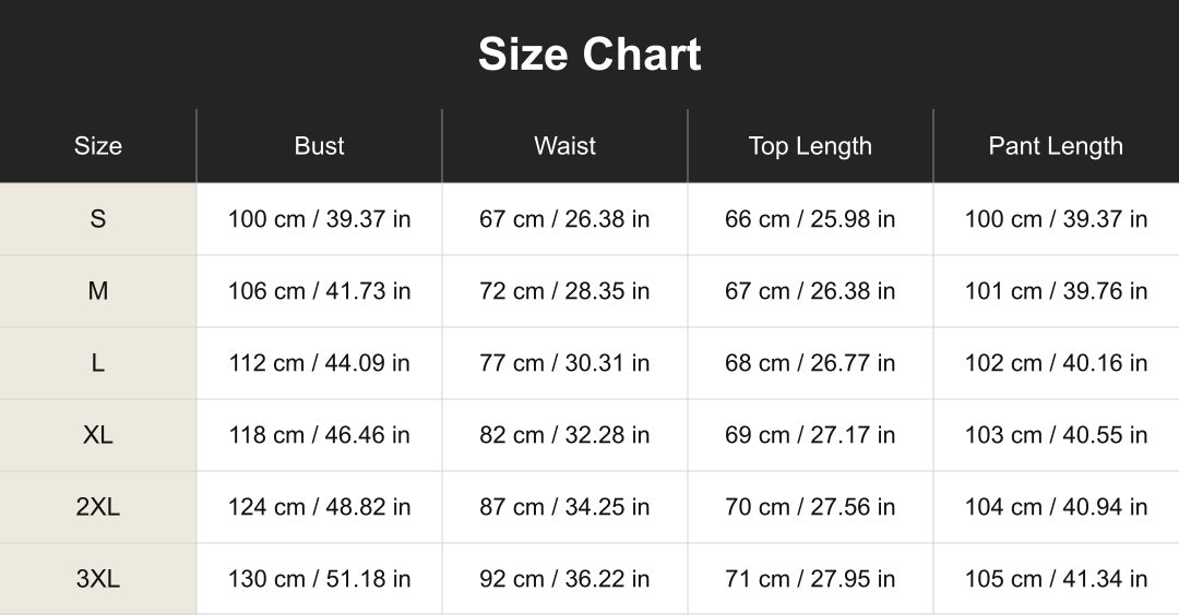 cuct260881 size chart in centimeters and inches