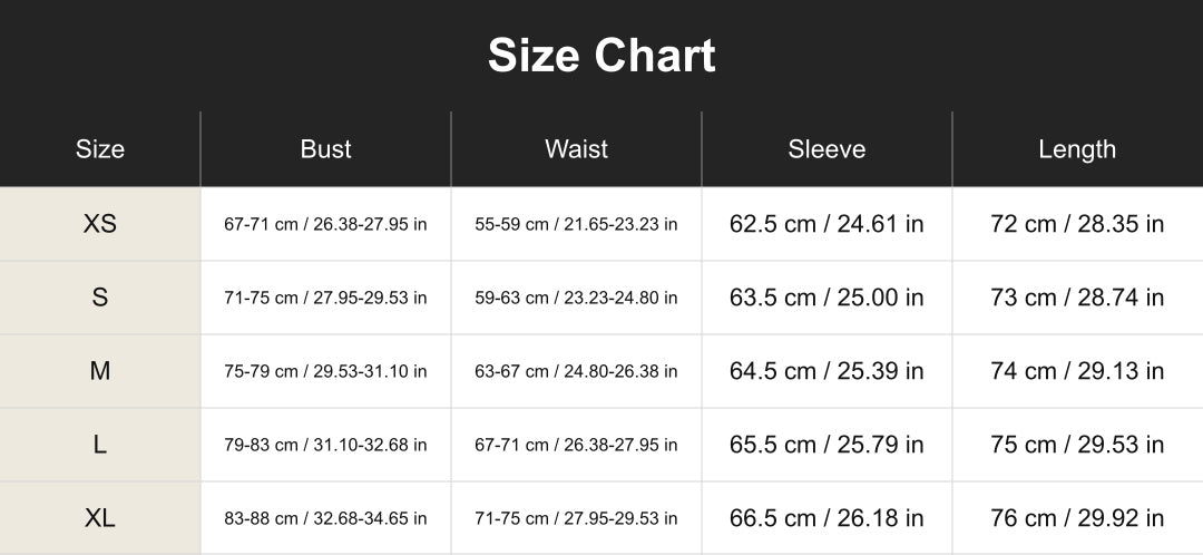 cuct266197 size chart in centimeters and inches