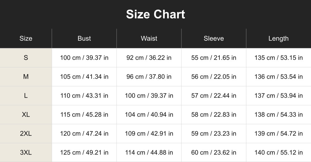 cuct267103 size chart in centimeters and inches