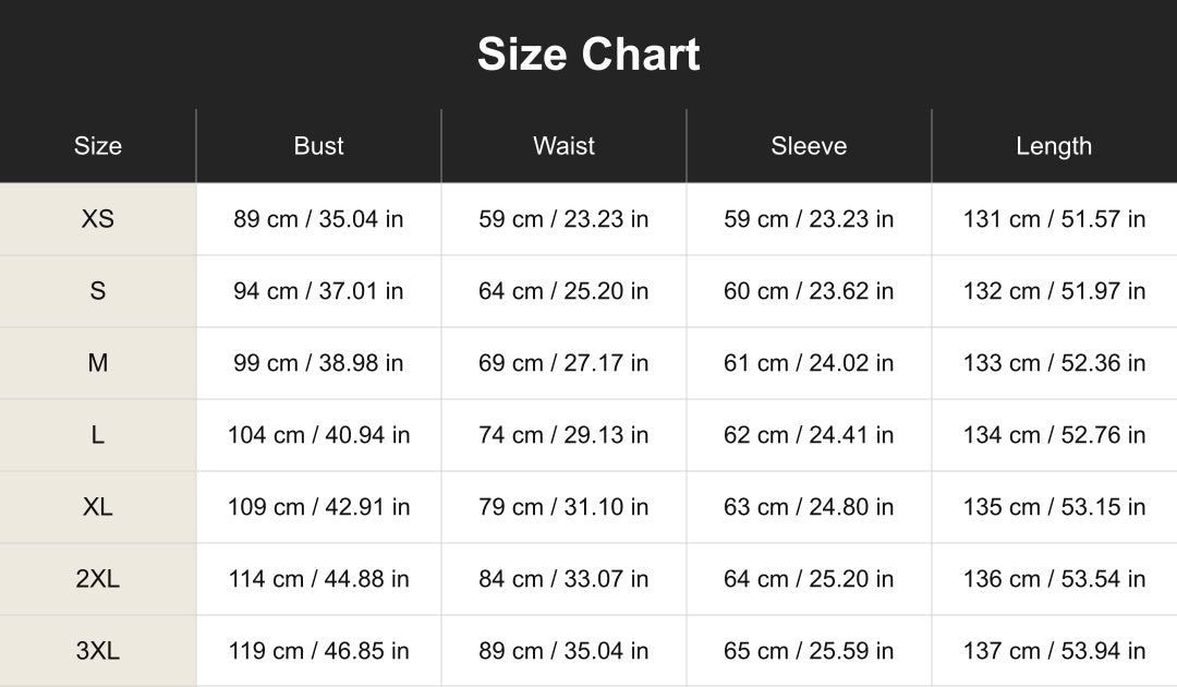cuct267106 size chart in centimeters and inches