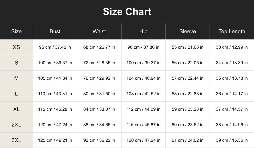 cuct267118 size chart in centimeters and inches