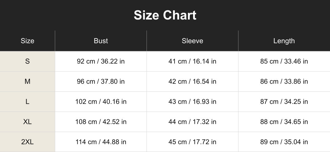cuct267140 size chart in centimeters and inches