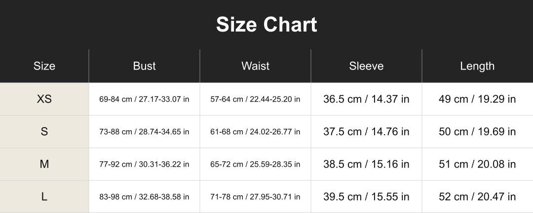 cuct267172 size chart in centimeters and inches