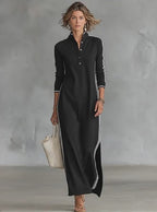 Vyla™ Sporty Chic Button Collar Maxi Dress with Side Stripes
