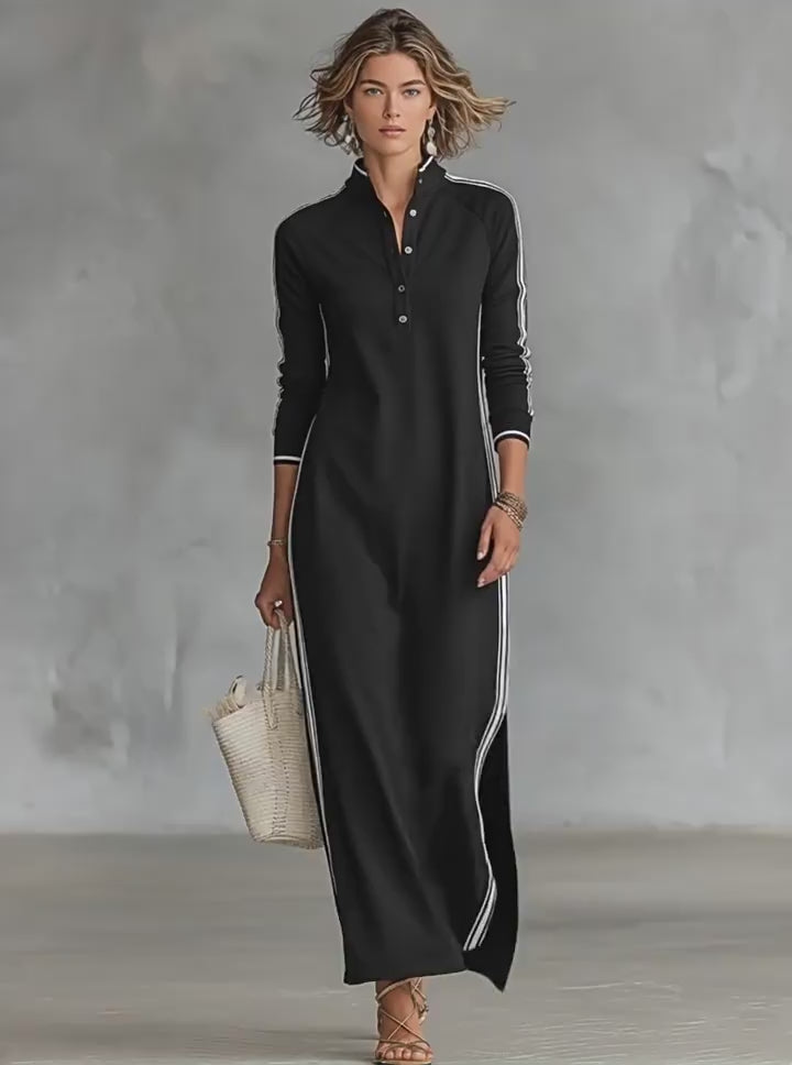 Vyla™ Sporty Chic Button Collar Maxi Dress with Side Stripes